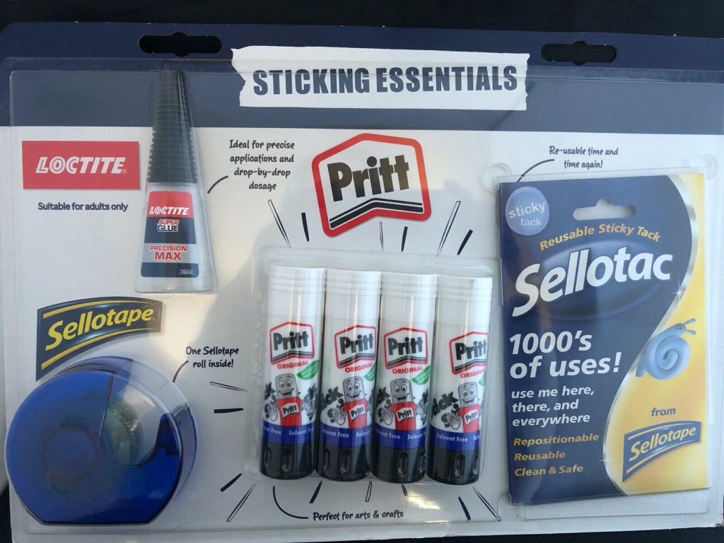 NEW Sticking Essentials Sellotape + Loctite Glue + Pritt Stick x4 + Sellotac 