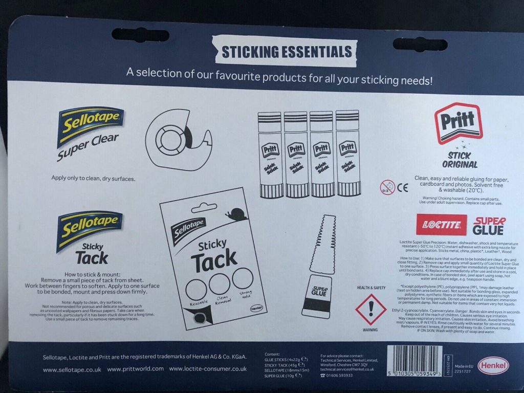 NEW Sticking Essentials Sellotape + Loctite Glue + Pritt Stick x4 + Sellotac 