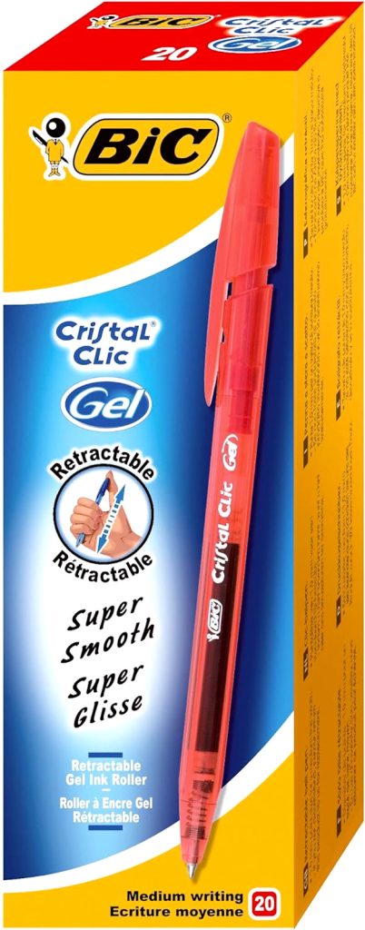 BIC CRISTAL CLIC GEL BALLPOINT RED PEN RETRACTABLE INK ROLLER MEDIUM WRITING