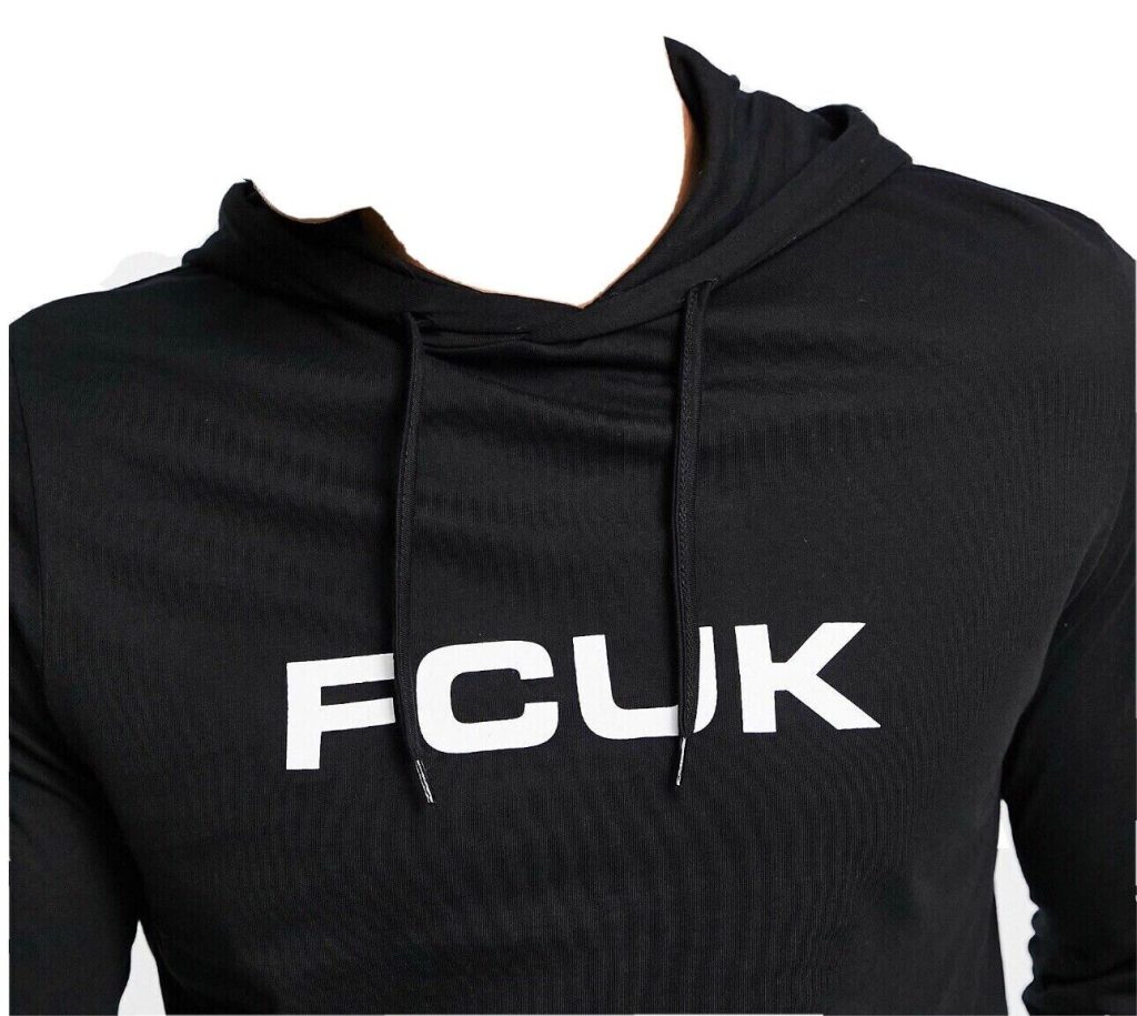 Mens FCUK French Connection Long sleeve logo hooded top black Size L New Hoodie