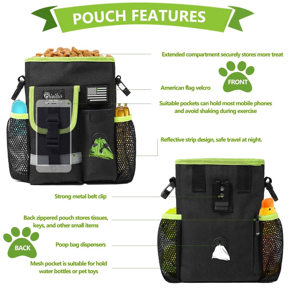 BRIVILAS Dog Treat Pouch Pet Training Bag for Small to Large Dogs Multi-Purpose Portable Puppy Treat Pouch Adjustable Waistband & Poop Bag Dispenser Dog Training Pouch for Walking Hiking (Black)