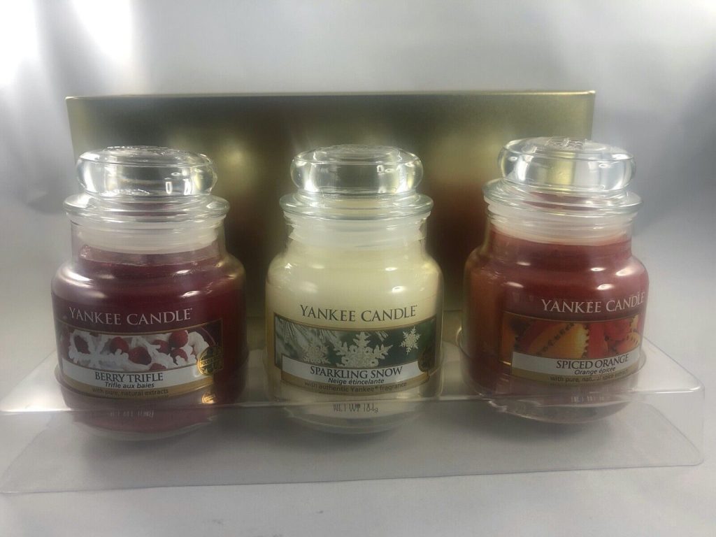 YANKEE CANDLE VERY RARE TIN OF 3 SMALL JARS SPICED ORANGE SPARKLING SNOW TRIFLE