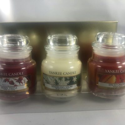 YANKEE CANDLE VERY RARE TIN OF 3 SMALL JARS SPICED ORANGE SPARKLING SNOW TRIFLE