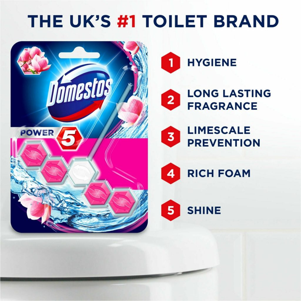 Domestos Power 5 Pink Magnolia Toilet Rim Block 55g Pack of 9