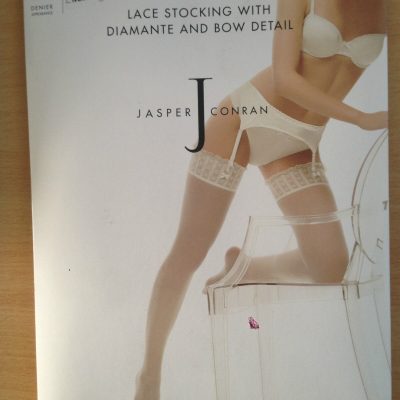 Jasper Conran Lace Stockings With Diamante Bow Detail Ivory S BNIB (UW37/11)