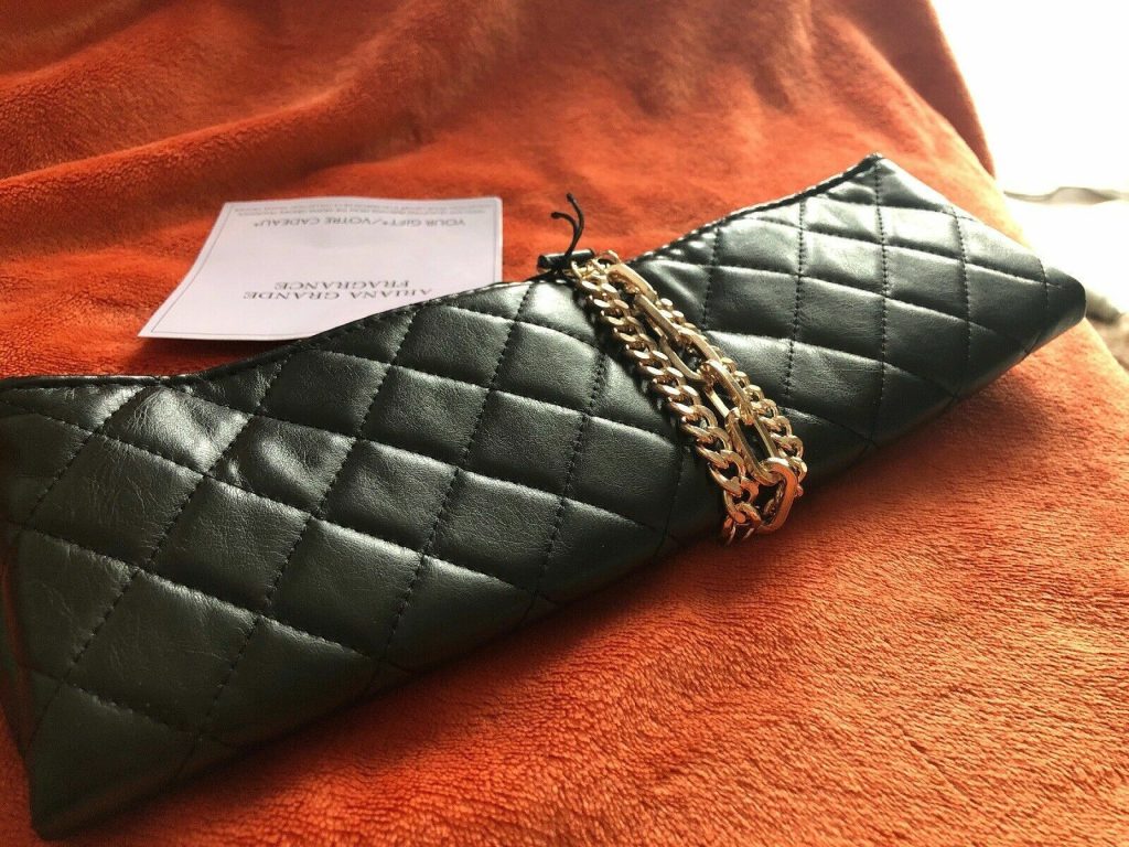 Ariana Grande Black Faux Leather Stitched Clutch Bag Gold Chain Bracelet Woman